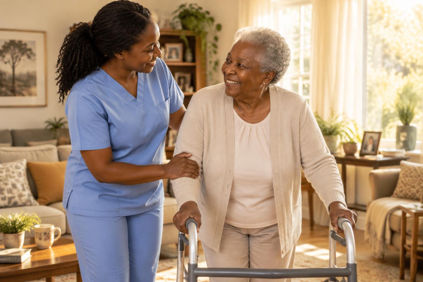 A caregiver helping an elderly woman with a walker in a warm, comfortable home